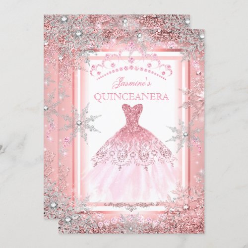 Pink Silver Winter Wonderland Quinceanera Party 2 Invitation
