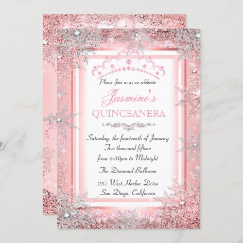 Pink Silver Winter Wonderland Quinceanera Party Invitation