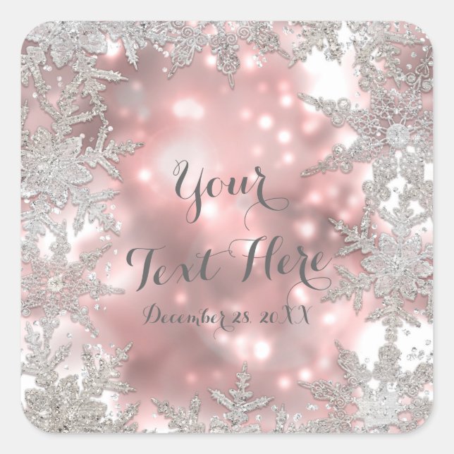 Pink Silver Winter Wonderland Snowflake Favor Square Sticker (Front)