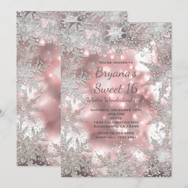 Pink Silver Winter Wonderland Snowflake Invitation (Front/Back)