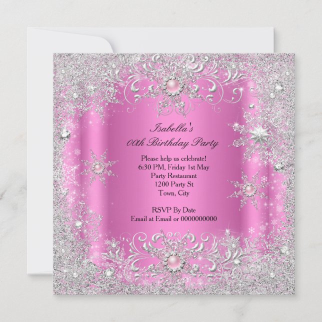 Pink Silver Winter Wonderland Snowflakes Party Invitation (Front)