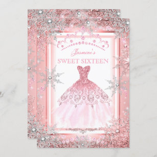 Pink Silver Winter Wonderland Sweet 16 Birthday Invitation
