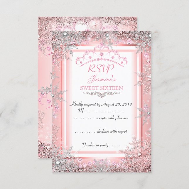 Pink Silver Winter Wonderland Sweet 16 Party RSVP Invitation (Front/Back)