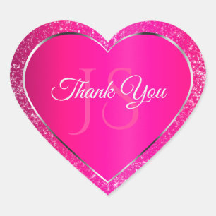 Pink Silver with Glitter Initials Cute Thank You Heart Sticker