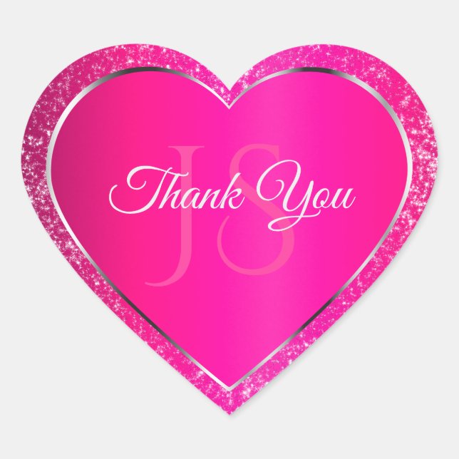 Pink Silver with Glitter Initials Cute Thank You Heart Sticker (Front)