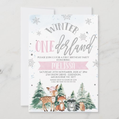 Pink Silver Woodland Onederland First Birthday Inv Invitation