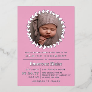 Pink & Silver Wreath Baby Photo Naming Ceremony Foil Invitation