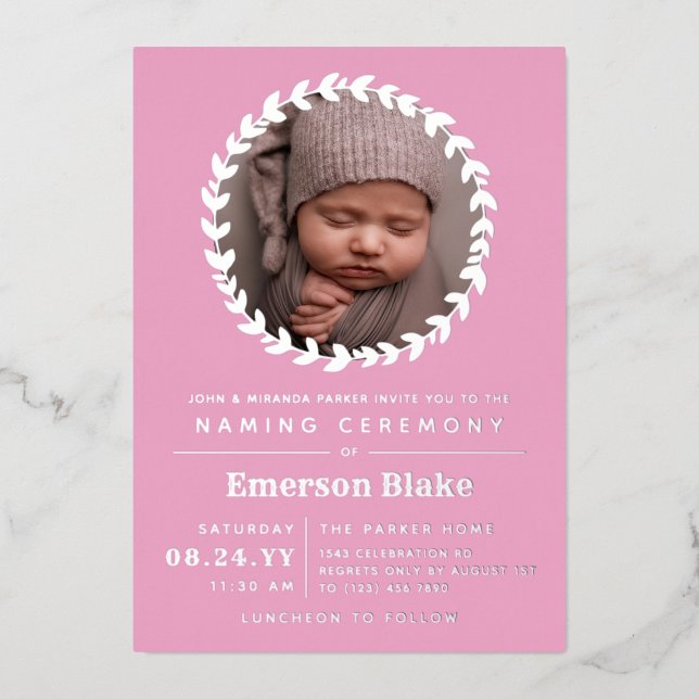 Pink & Silver Wreath Baby Photo Naming Ceremony Foil Invitation (Front)