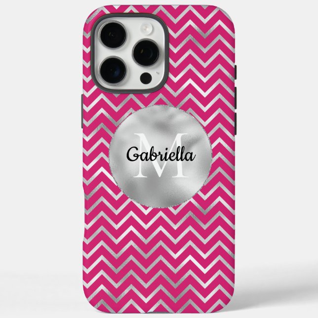 Pink Silver Zigzag Stripes Monogram Case-Mate iPhone Case (Back)