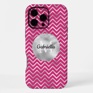 Pink Silver Zigzag Stripes Monogram iPhone 16 Pro Max Case