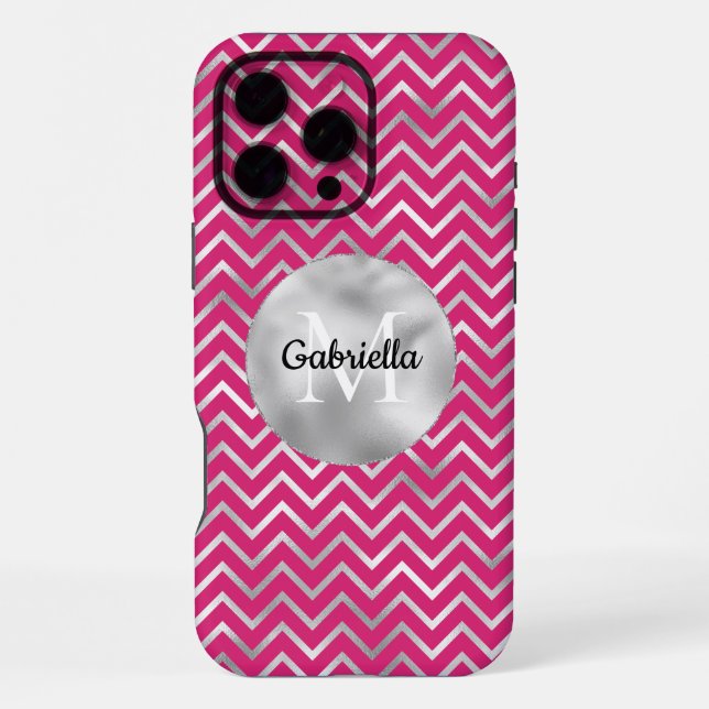 Pink Silver Zigzag Stripes Monogram Iphone Case (Back)