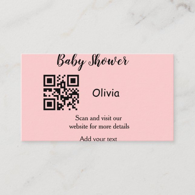 Pink simple baby shower q r code add name text thr business card (Front)