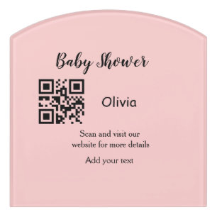 Pink simple baby shower q r code add name text thr door sign
