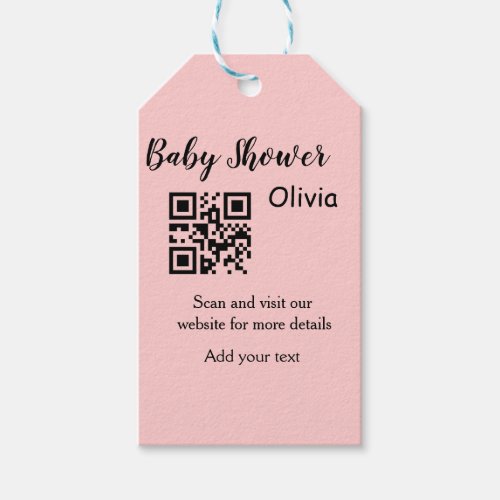 Pink simple baby shower q r code add name text thr gift tags