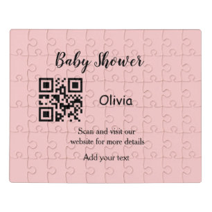 Pink simple baby shower q r code add name text thr jigsaw puzzle