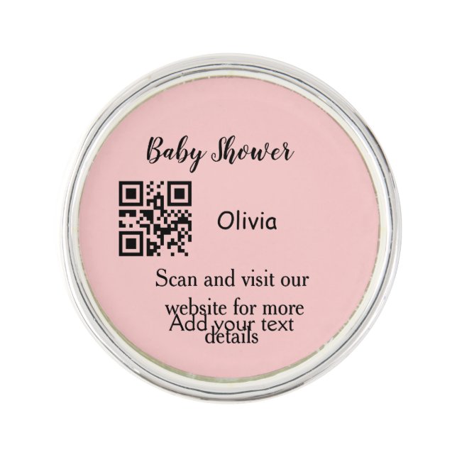 Pink simple baby shower q r code add name text thr lapel pin (Front)