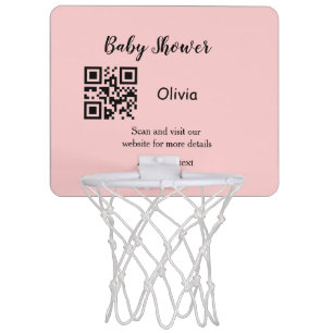 Pink simple baby shower q r code add name text thr mini basketball hoop