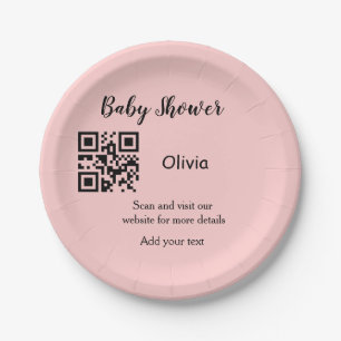 Pink simple baby shower q r code add name text thr paper plates