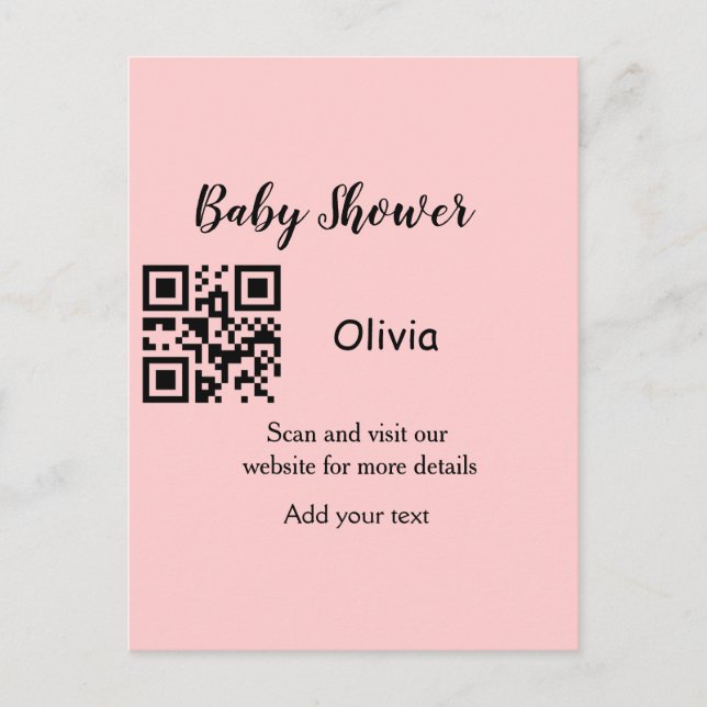 Pink simple baby shower q r code add name text thr postcard (Front)