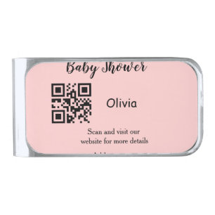 Pink simple baby shower q r code add name text thr silver finish money clip