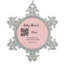 Pink simple baby shower q r code add name text thr snowflake pewter christmas ornament