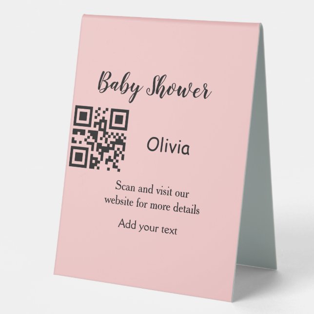 Pink simple baby shower q r code add name text thr table tent (Front)