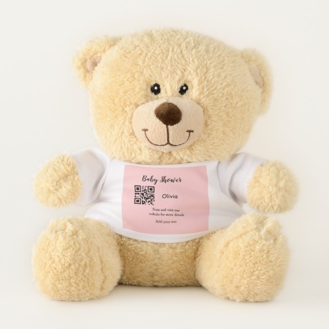 Pink simple baby shower q r code add name text thr teddy bear (Front)