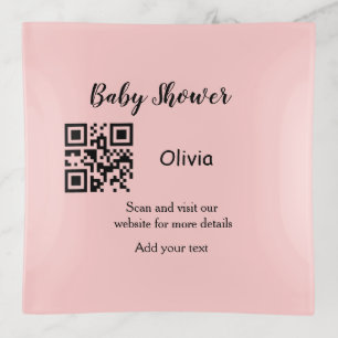 Pink simple baby shower q r code add name text thr trinket tray