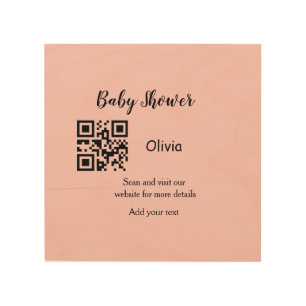 Pink simple baby shower q r code add name text thr wood wall art