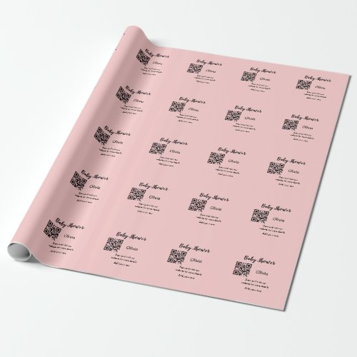 Pink simple baby shower q r code add name text thr wrapping paper