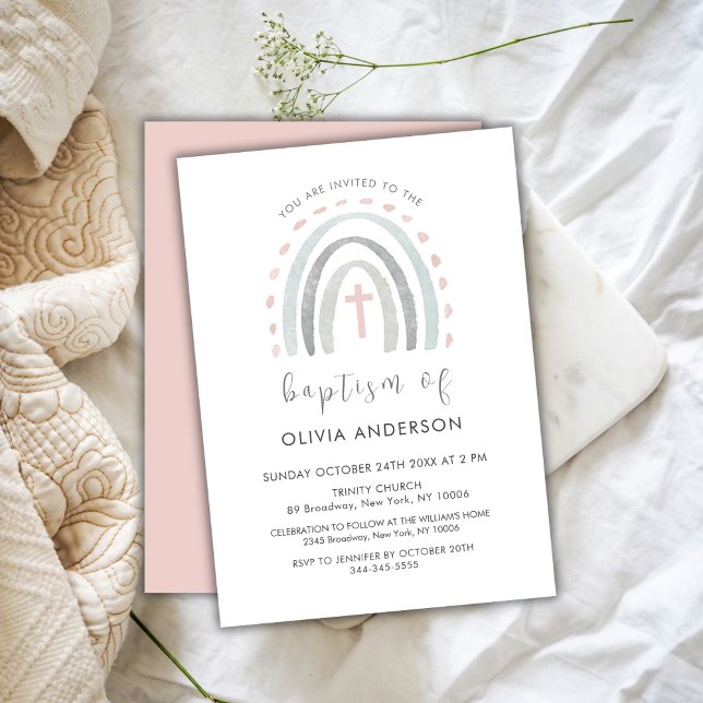 Pink Simple Boho Rainbow Cross Girl Baptism Invitation (Pink Simple Boho Rainbow Cross Girl Baptism Invitation)