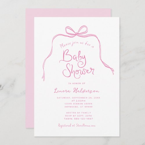 Pink Simple Bow Baby Shower Invitation