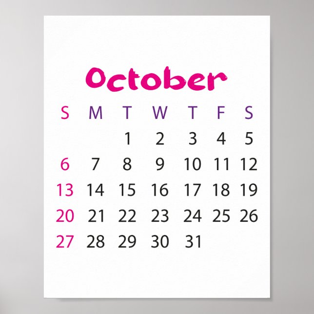 Pink Simple Calendar October 2023 Poster (Front)