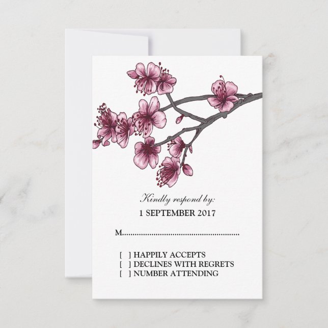 Pink Simple Cherry Blossoms RSVP Card (Front)