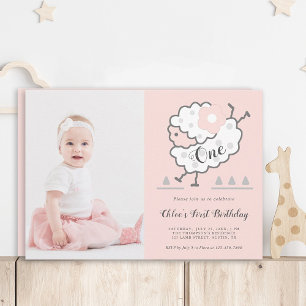 Pink Simple Cute Jumping Lamb 1st Birthday Photo Invitation