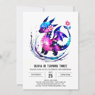 Pink Simple Dragon Digital Girl Birthday Invitation