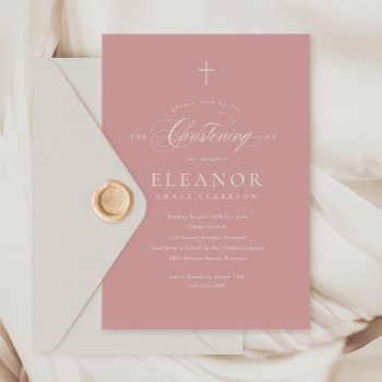 Pink Simple Elegant Cross Calligraphy Christening Invitation by JAmberDesign at Zazzle