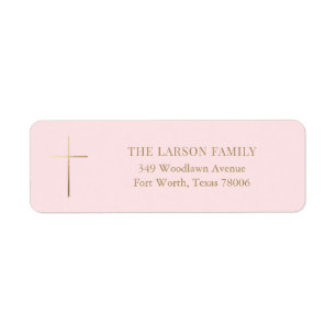 Pink Simple Elegant Gold Cross Baptism Address Label