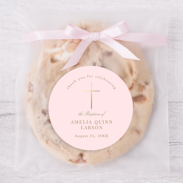 Pink Simple Elegant Gold Cross Baptism Christening Classic Round Sticker (Creator Uploaded)