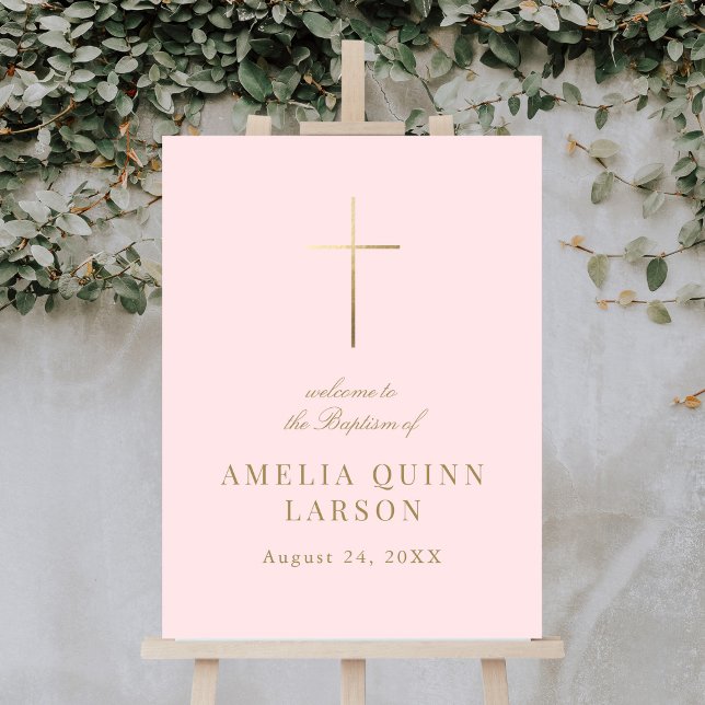 Pink Simple Elegant Gold Cross Baptism Christening Foam Board (Creator Uploaded)