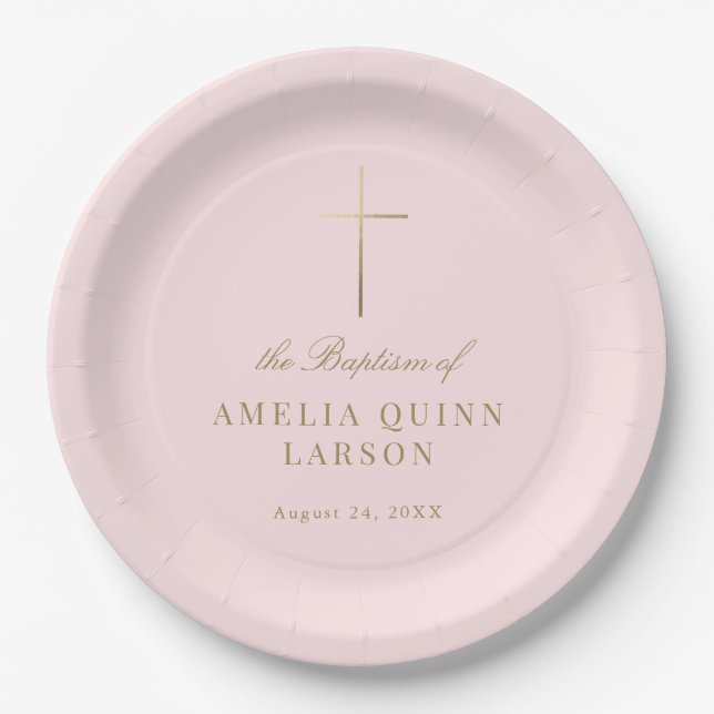 Pink Simple Elegant Gold Cross Baptism Christening Paper Plates (Front)