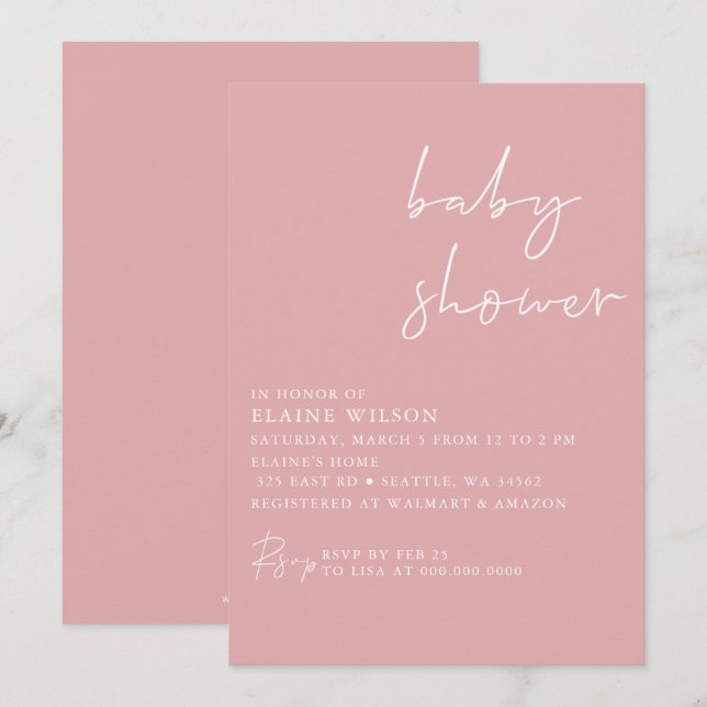 Pink Simple Elegant Modern Baby Shower Invitation (Front/Back)