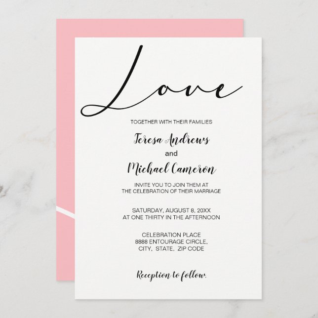 Pink Simple elegant typography Love Wedding Invitation (Front/Back)