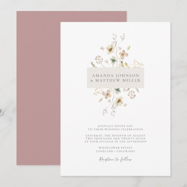 Pink Simple Minimal Elegant Pressed Floral Wedding Invitation (Front/Back)