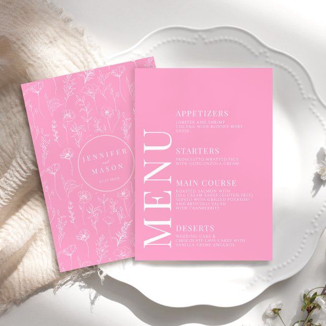 Pink simple minimalist floral wedding menu cards (Creator Uploaded)
