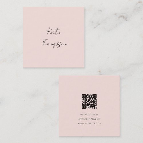 Pink Simple Minimalist QR Code Script Signature Square Business Card