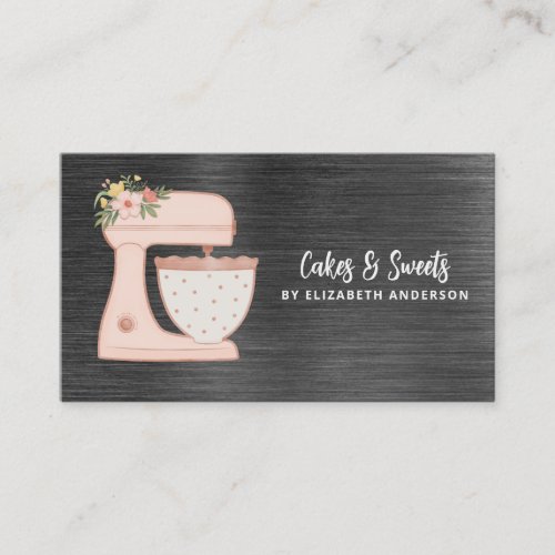 Pink Simple Mixer Floral Cake Bakery Business Card