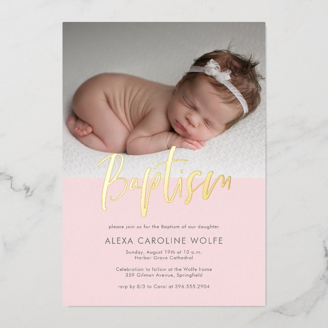 Pink Simple Modern Calligraphy Baptism Photo  Foil Invitation (Front)