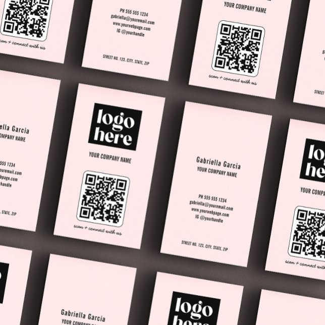 Pink Simple Modern QR Code Business Logo Card (Business cards shown in standard size, front and back.)