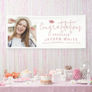 Pink Simple Modern Script Photo Graduation Party Banner